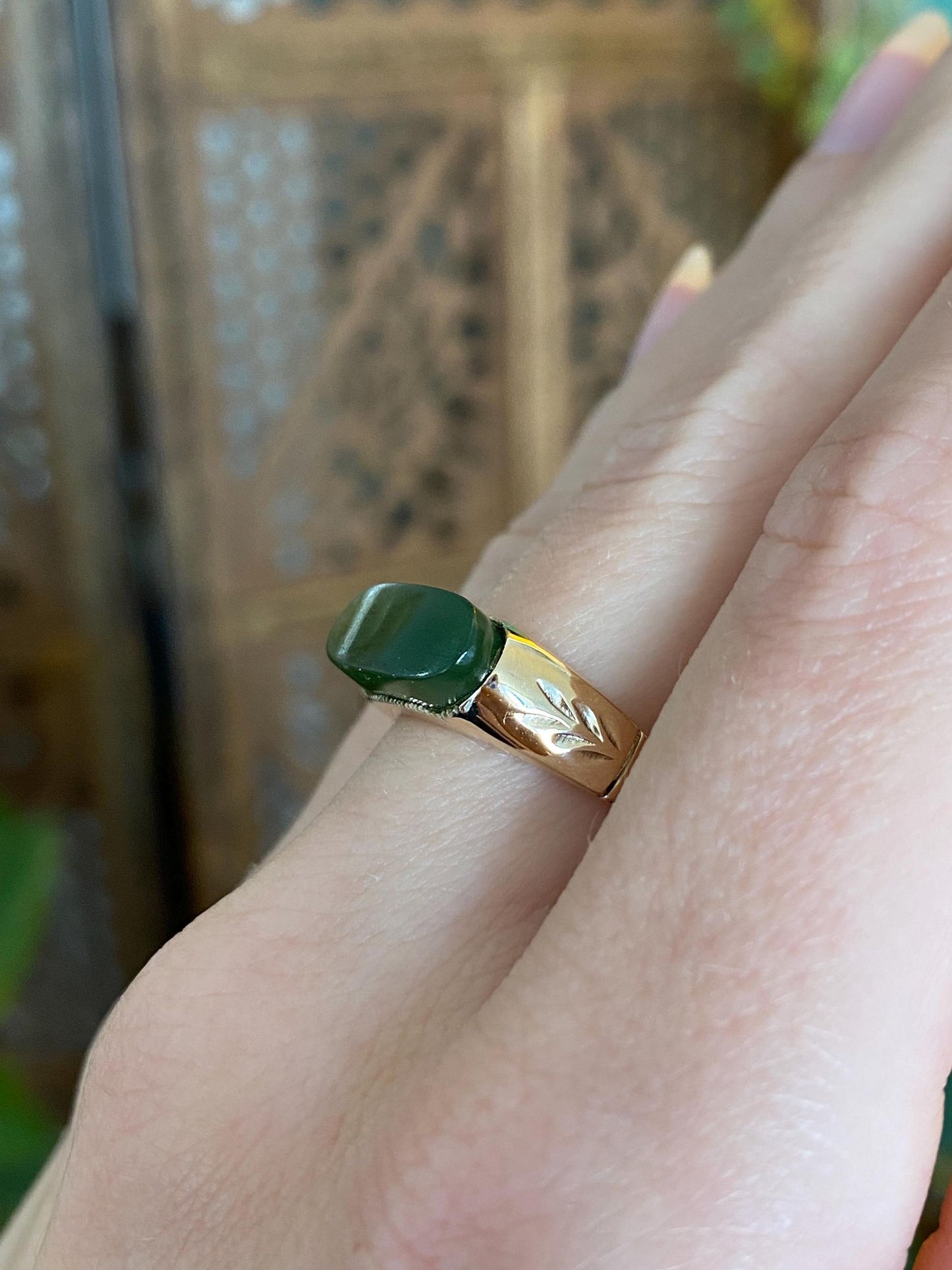 Solid 12k Yellow Gold Nephrite Ring - Size 6.75