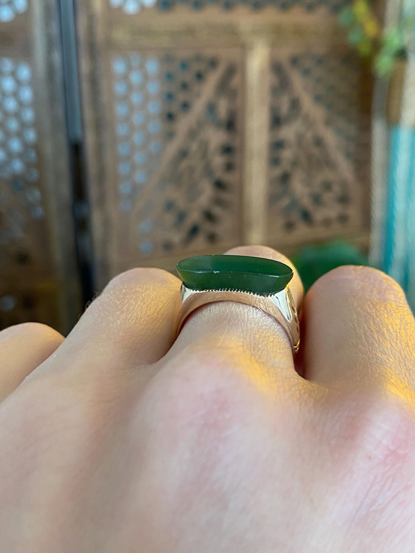 Solid 12k Yellow Gold Nephrite Ring - Size 6.75
