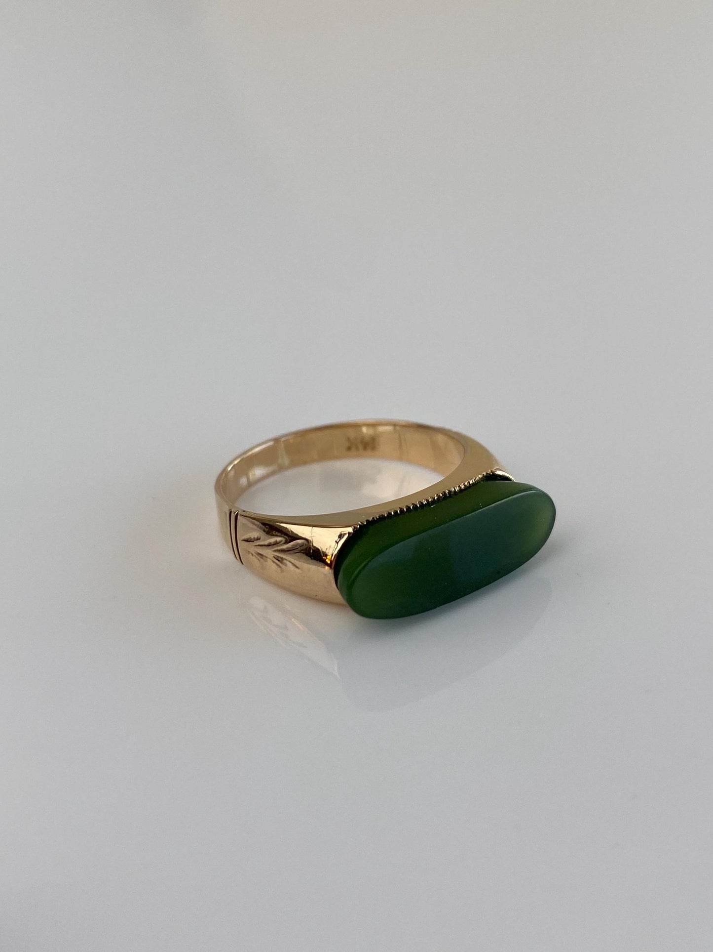 Solid 12k Yellow Gold Nephrite Ring - Size 6.75