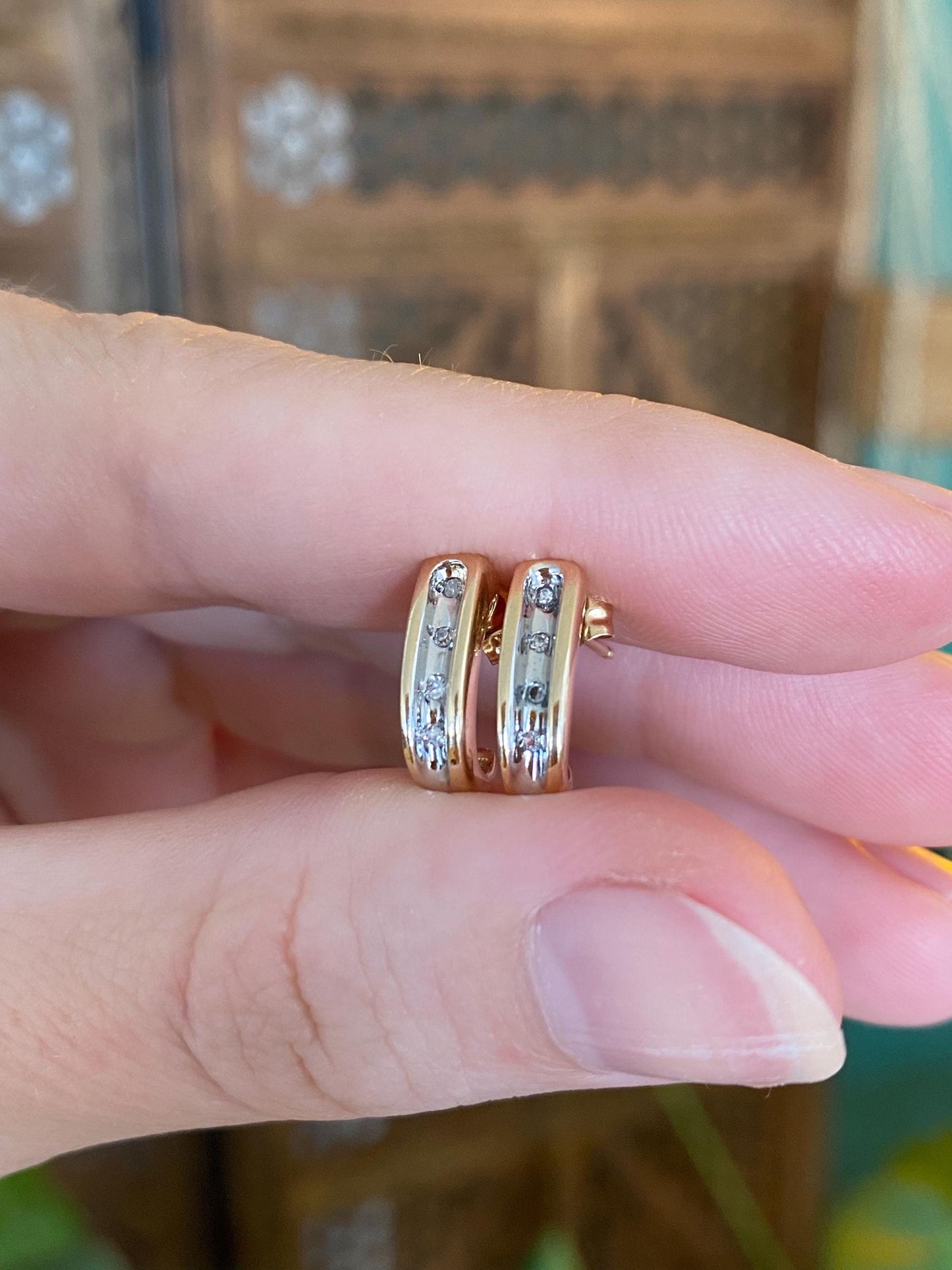 Vintage Solid 10k White & Yellow Gold Diamond Drop Earrings