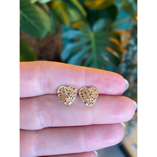Solid 14k Yellow Gold Filigree Heart Stud Earrings