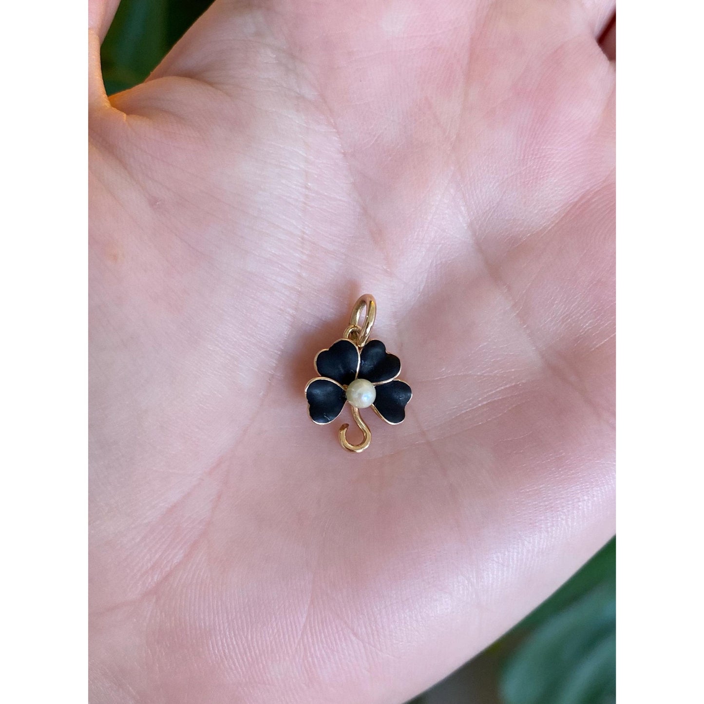 Vintage Solid 14k Yellow Gold Black Enamel Pearl Clover Stick Pin Conversion Charm