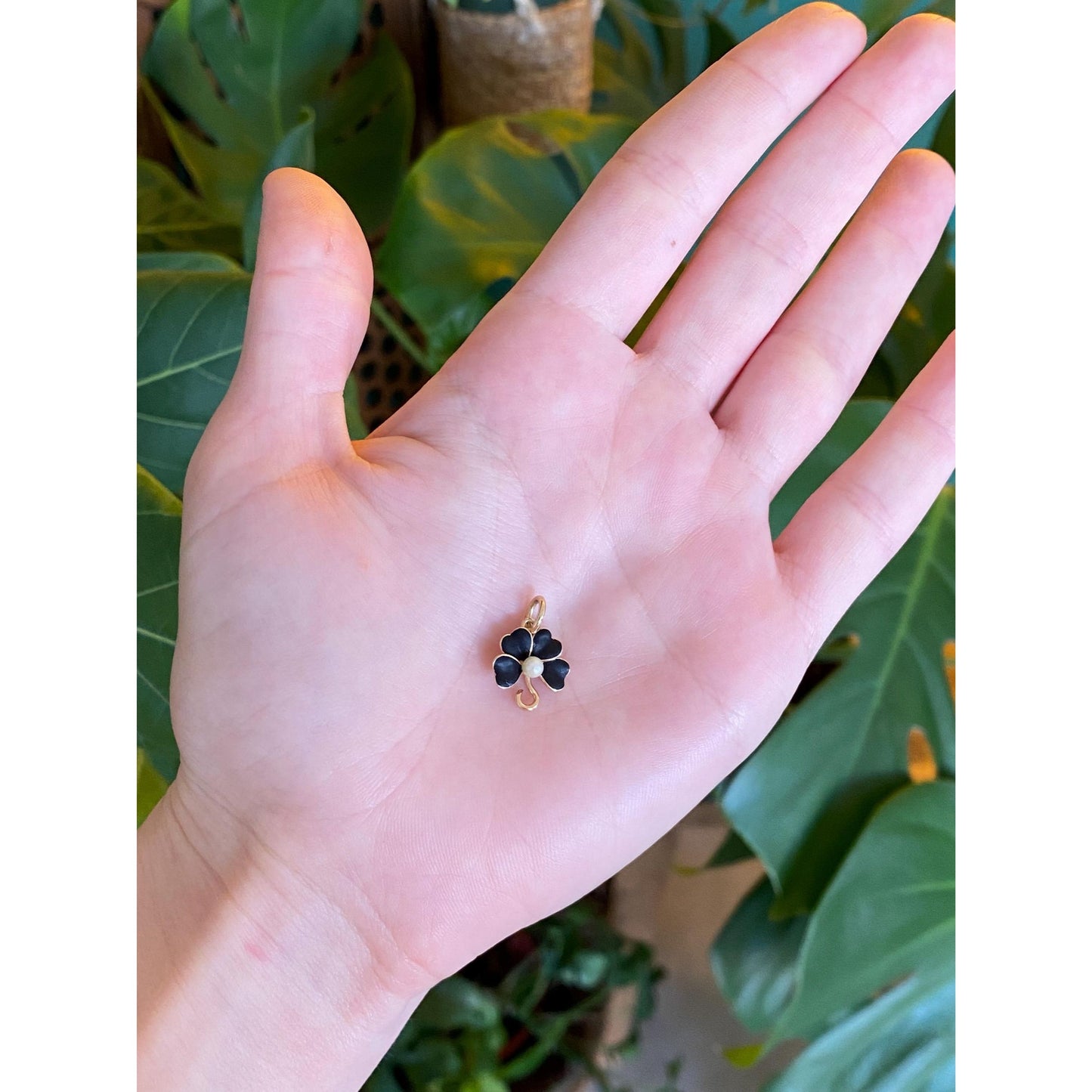 Vintage Solid 14k Yellow Gold Black Enamel Pearl Clover Stick Pin Conversion Charm
