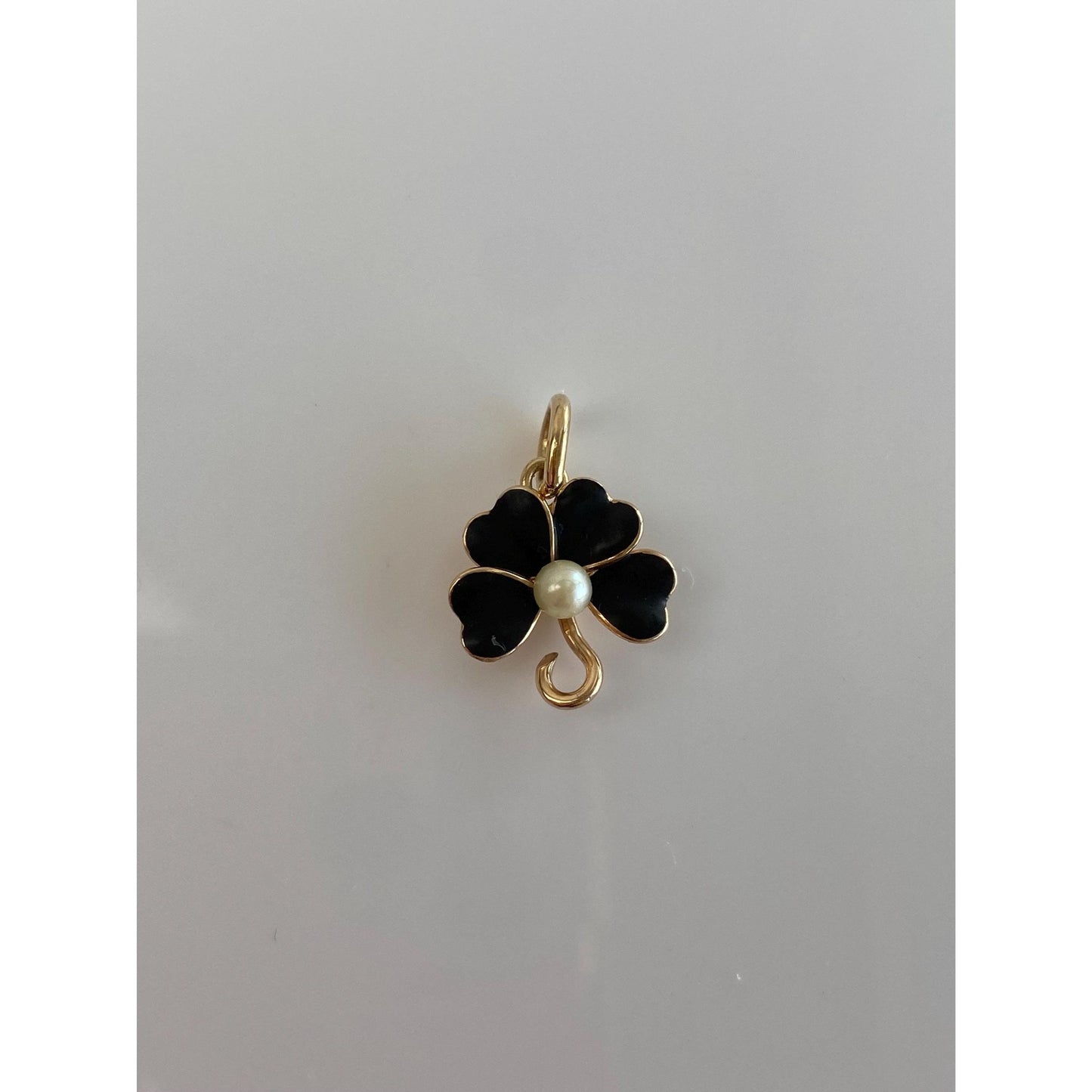 Vintage Solid 14k Yellow Gold Black Enamel Pearl Clover Stick Pin Conversion Charm