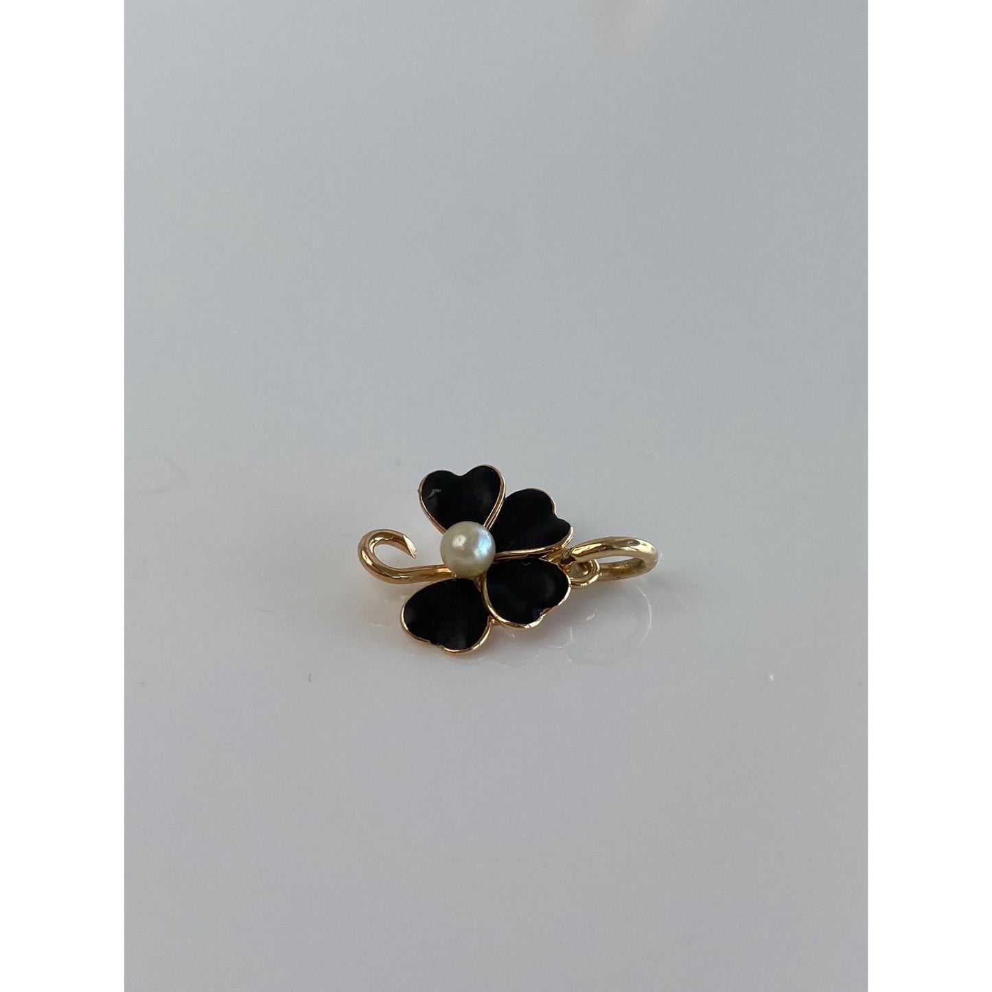 Vintage Solid 14k Yellow Gold Black Enamel Pearl Clover Stick Pin Conversion Charm
