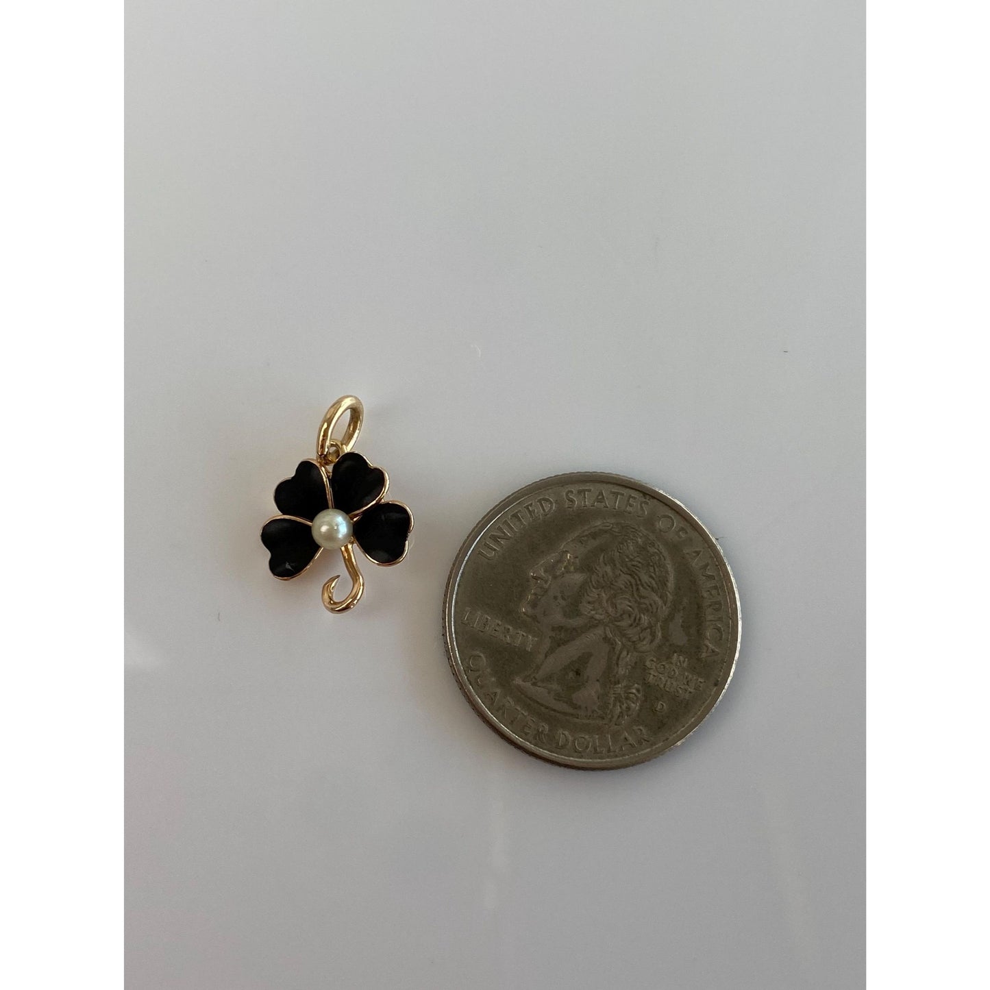 Vintage Solid 14k Yellow Gold Black Enamel Pearl Clover Stick Pin Conversion Charm