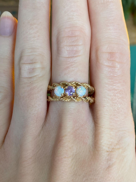 Vintage Solid 14k Yellow Gold Opal Light Purple Sapphire Ring Band - Size 8