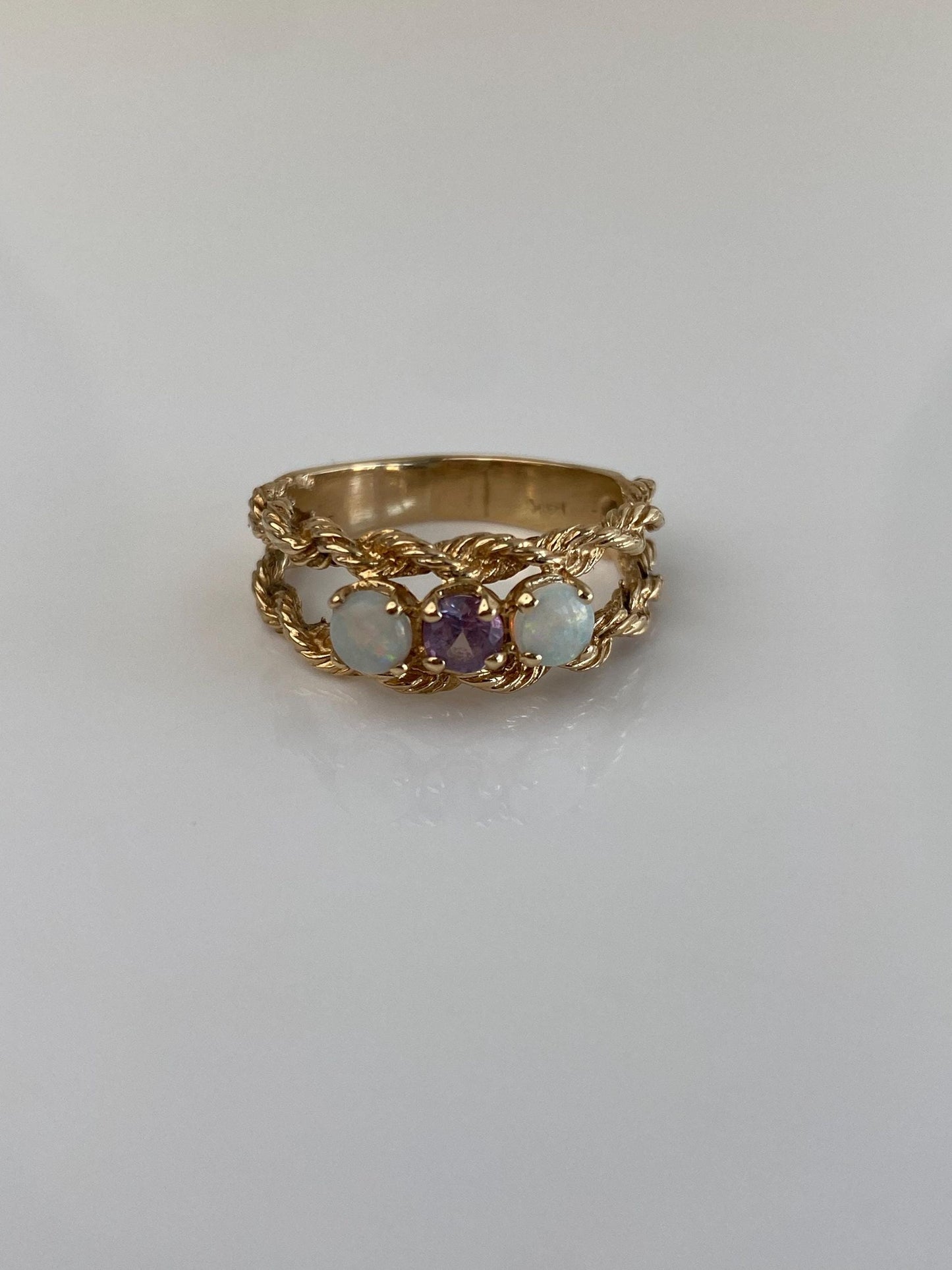 Vintage Solid 14k Yellow Gold Opal Light Purple Sapphire Ring Band - Size 8