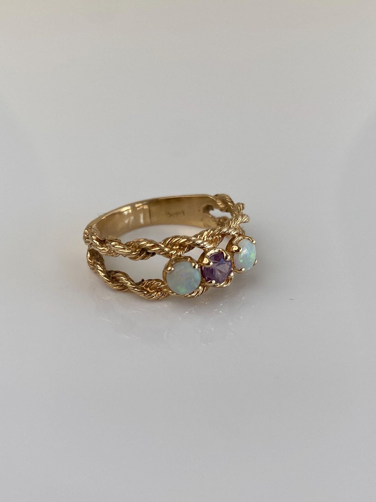 Vintage Solid 14k Yellow Gold Opal Light Purple Sapphire Ring Band - Size 8