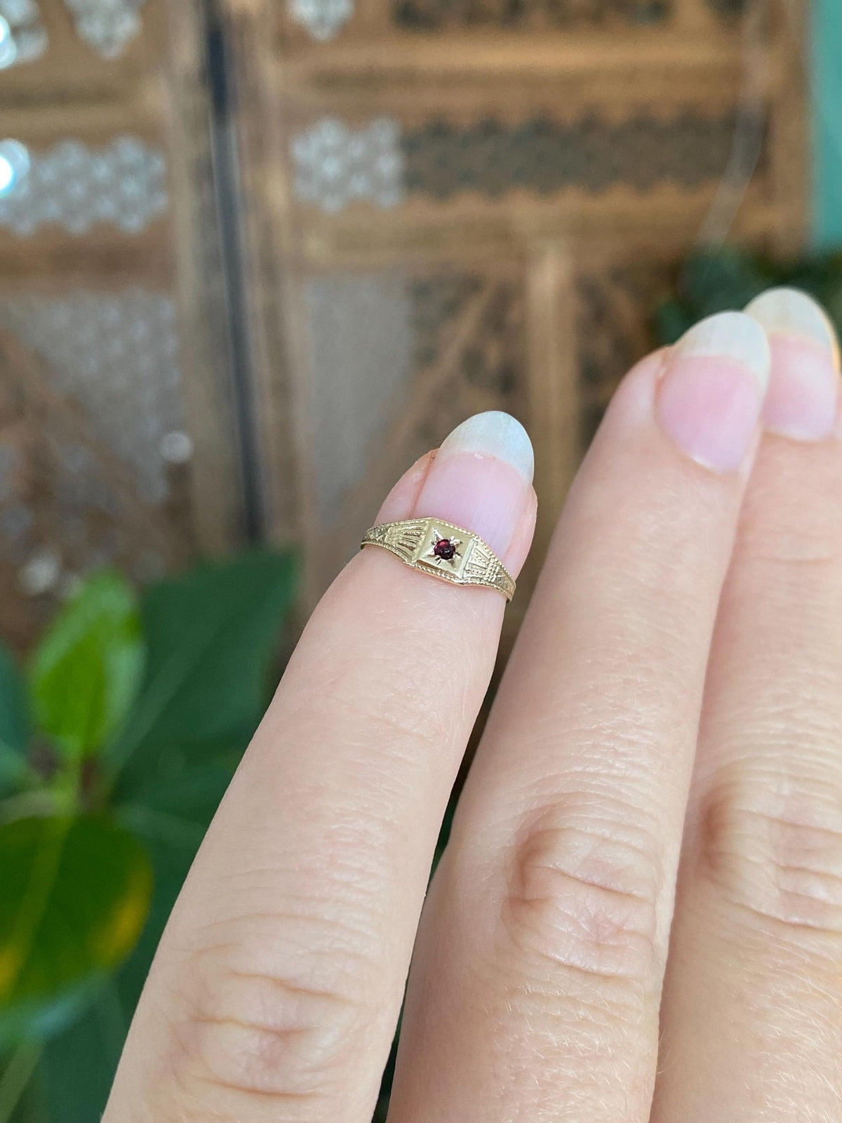 Vintage Solid 10k Yellow Gold Red Cubic Zirconia Designed Baby Ring