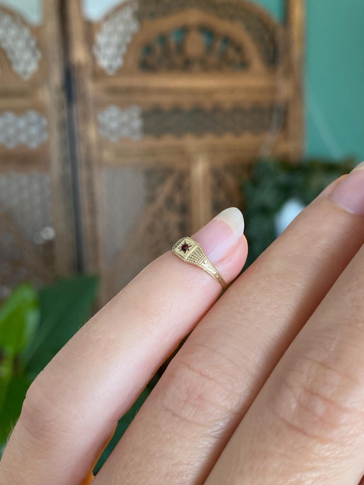 Vintage Solid 10k Yellow Gold Red Cubic Zirconia Designed Baby Ring