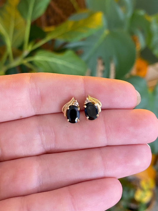 Vintage Solid 14k Yellow Gold Blue Sapphire Diamond Stud Earrings