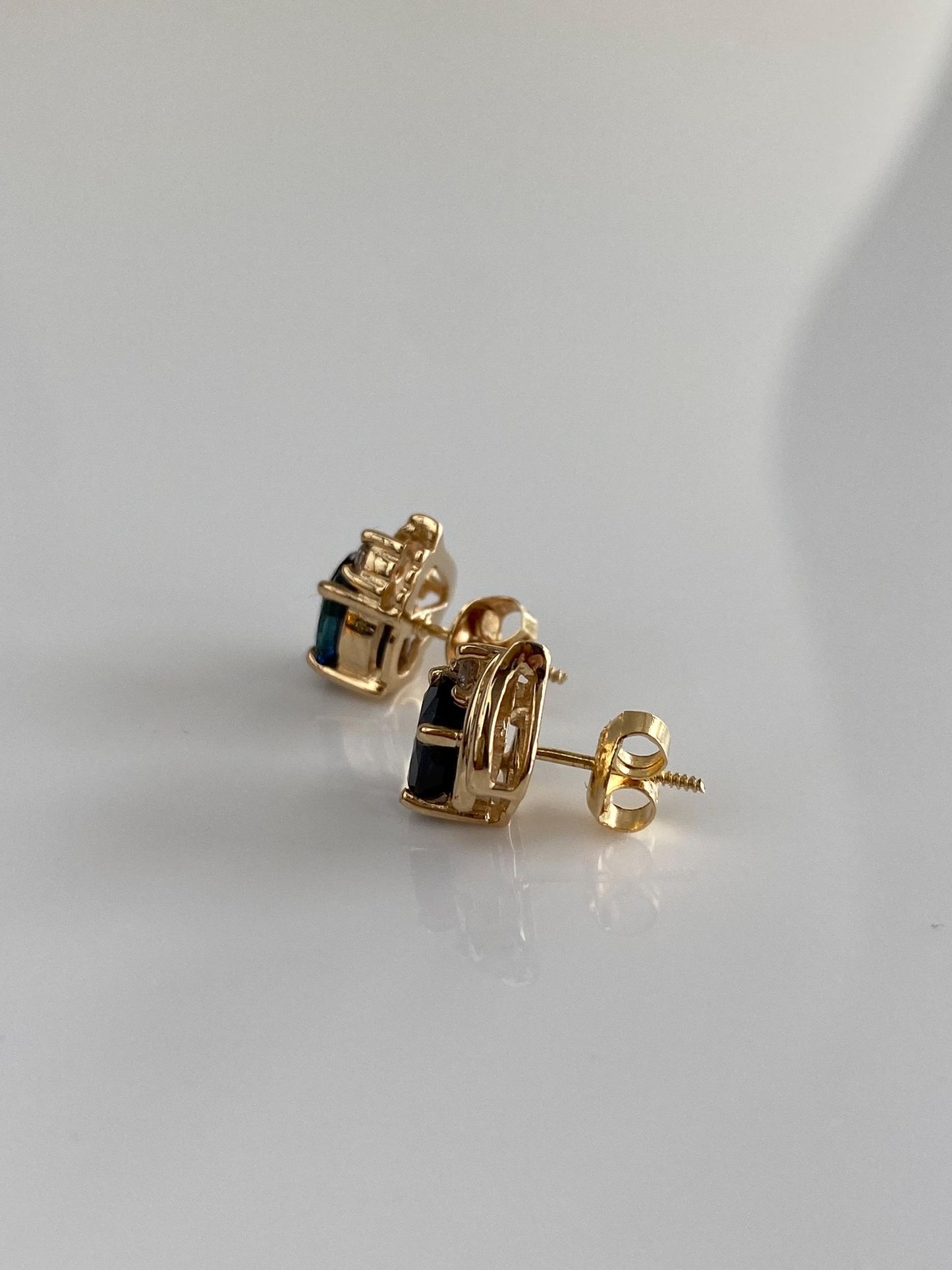 Vintage Solid 14k Yellow Gold Blue Sapphire Diamond Stud Earrings
