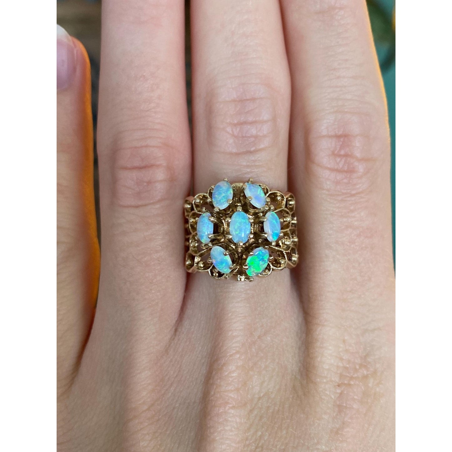 Vintage Solid 14k Yellow Gold Opal Cluster Ring - Size 6.25