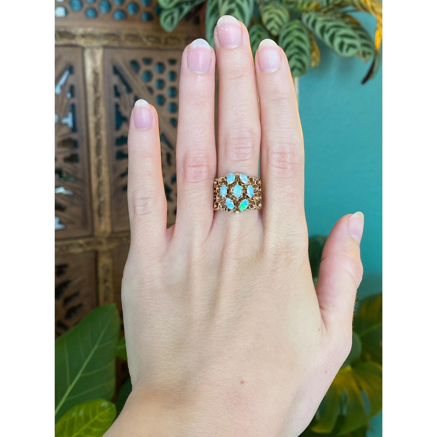 Vintage Solid 14k Yellow Gold Opal Cluster Ring - Size 6.25