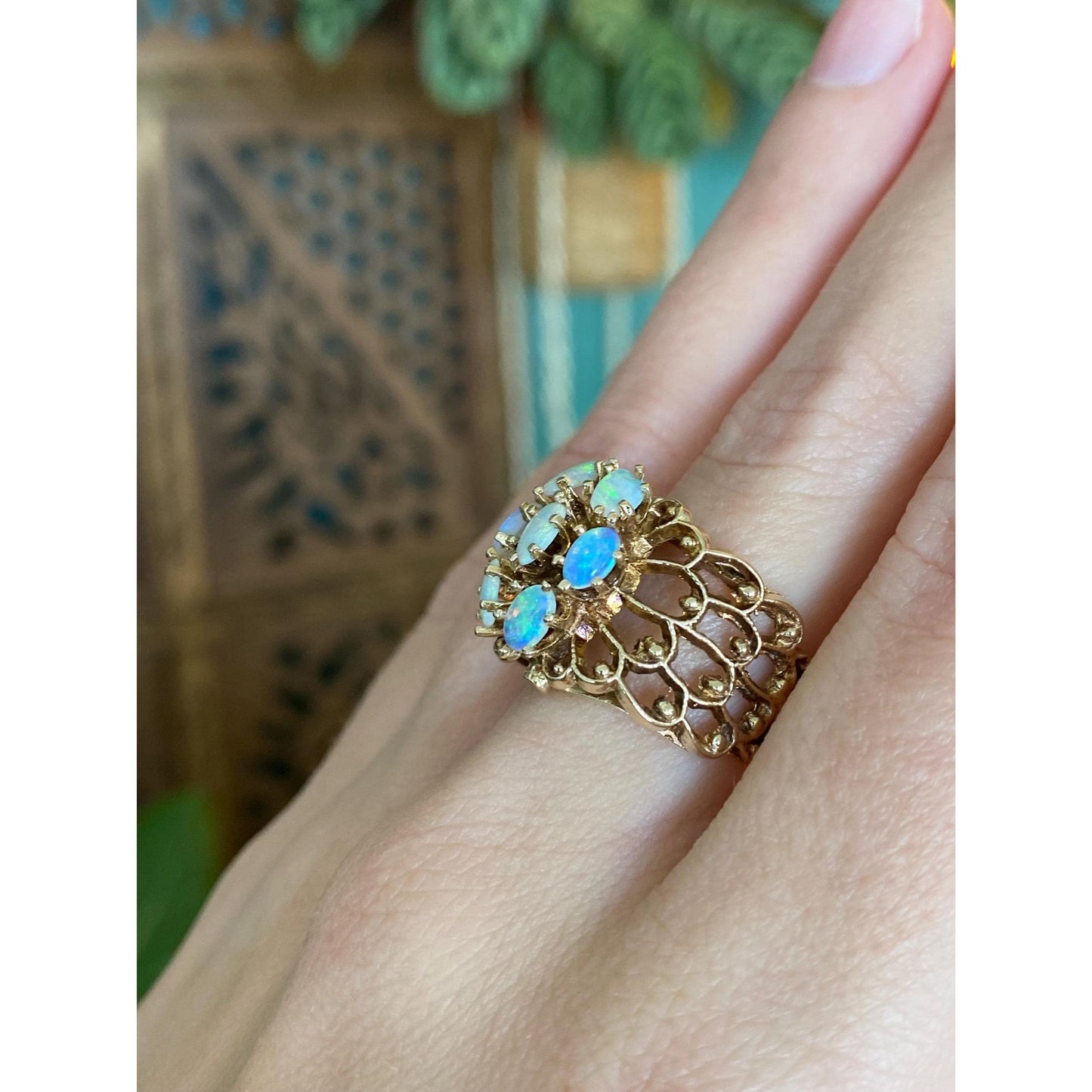 Vintage Solid 14k Yellow Gold Opal Cluster Ring - Size 6.25