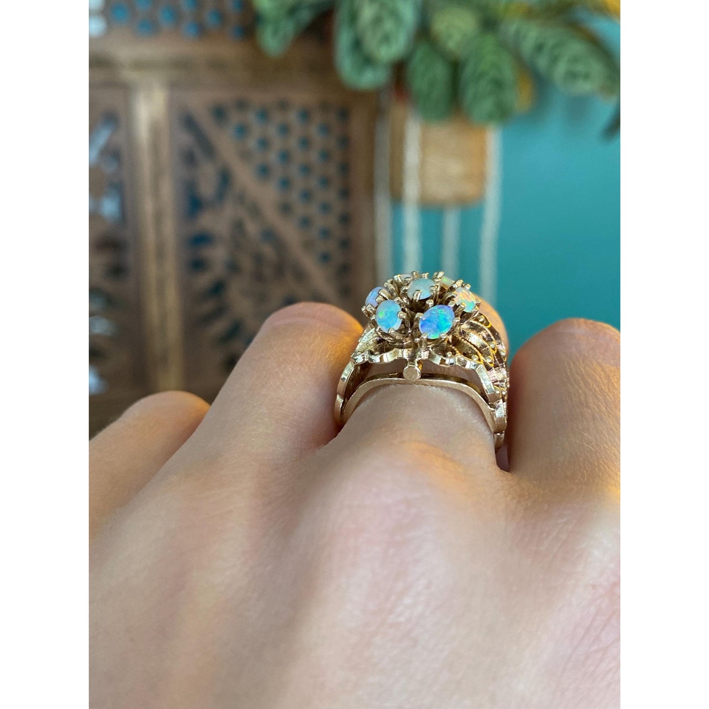 Vintage Solid 14k Yellow Gold Opal Cluster Ring - Size 6.25