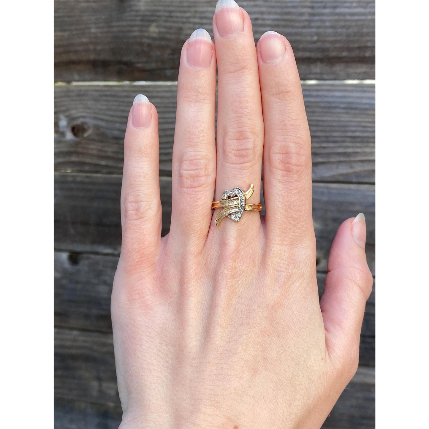 Vintage Solid 14k White & Yellow Gold Diamond Heart Ring - Size 6