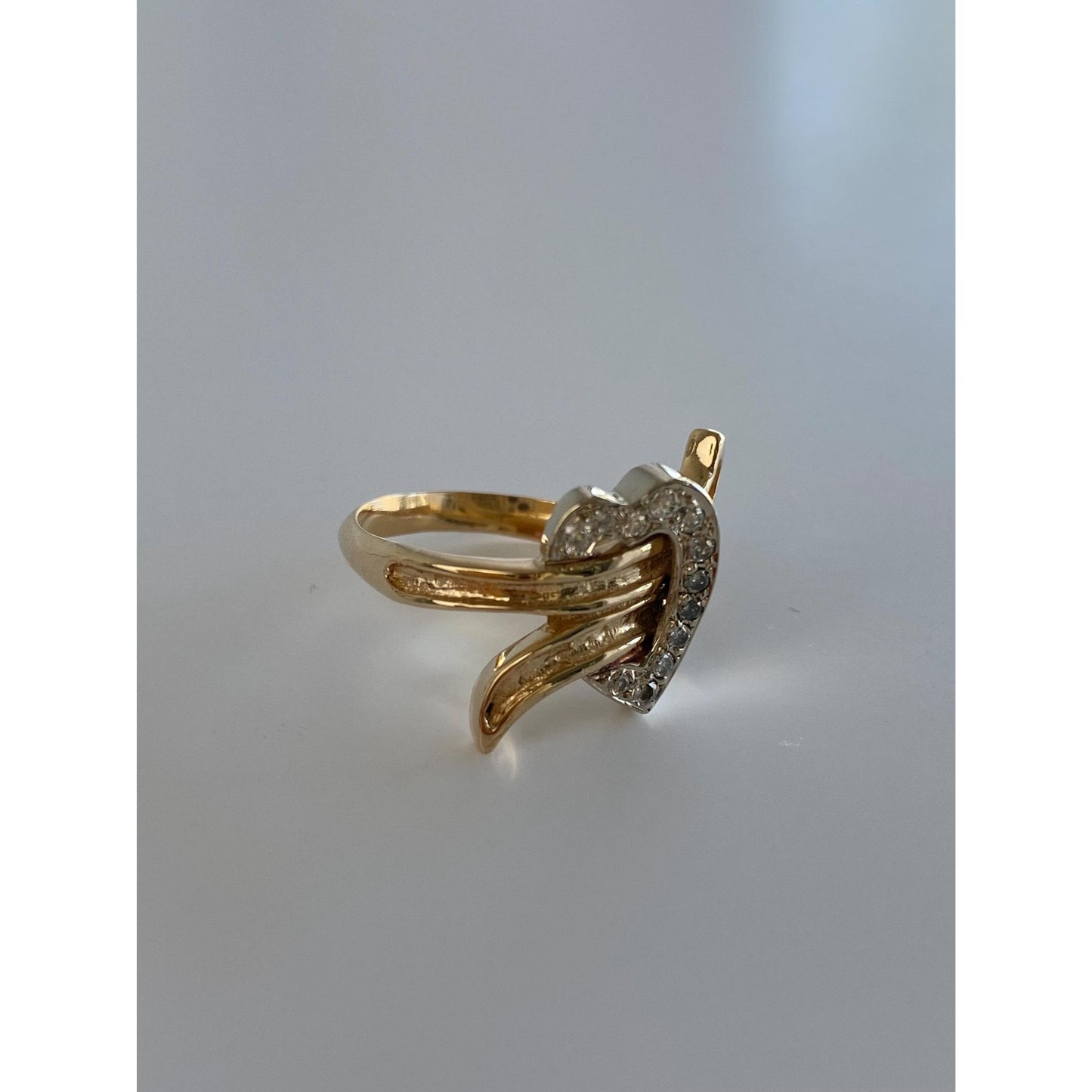 Vintage Solid 14k White & Yellow Gold Diamond Heart Ring - Size 6