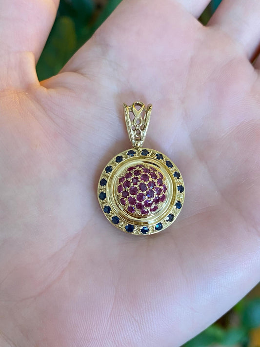 Vintage Solid 18k Yellow Gold Pink & Blue Sapphire Halo Charm