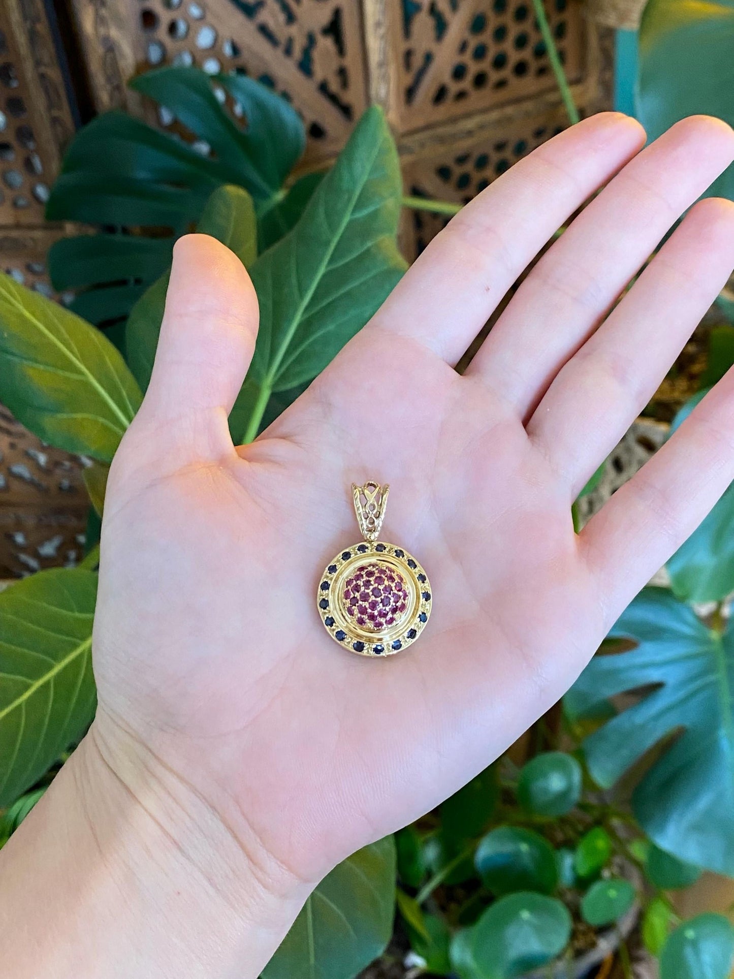 Vintage Solid 18k Yellow Gold Pink & Blue Sapphire Halo Charm