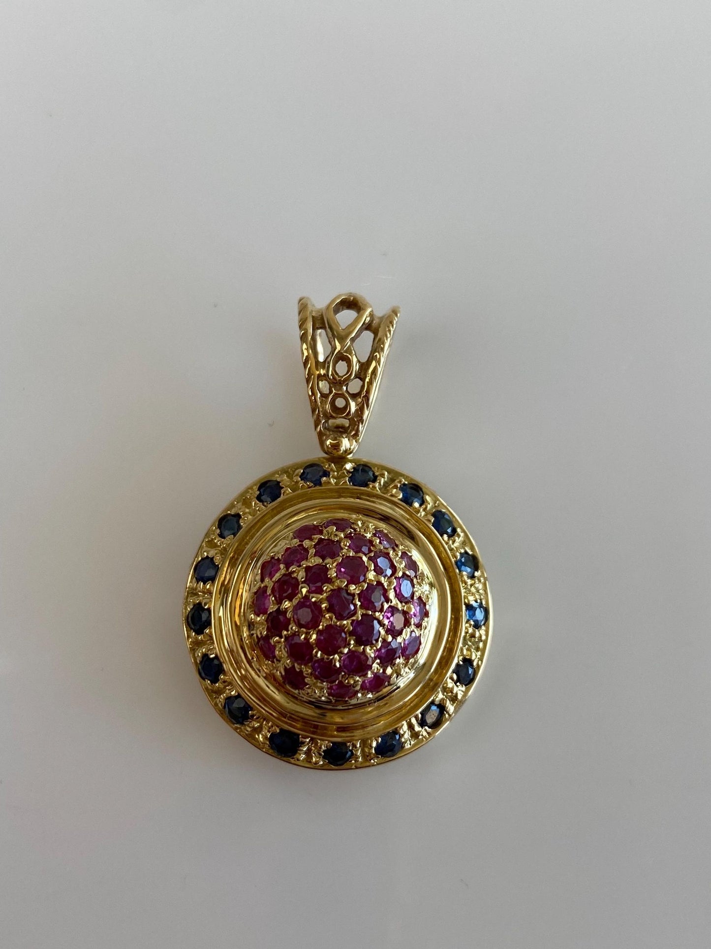 Vintage Solid 18k Yellow Gold Pink & Blue Sapphire Halo Charm