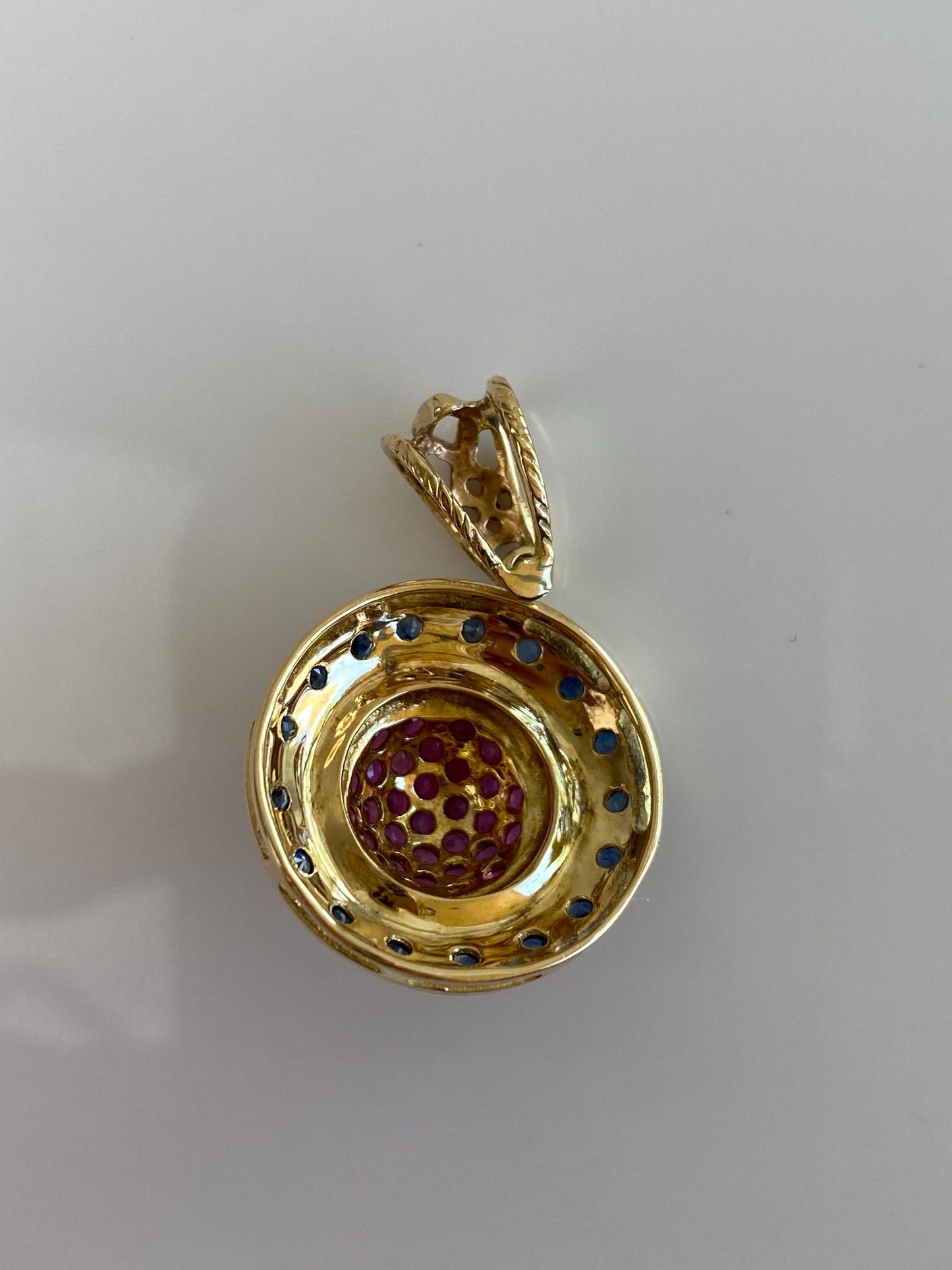 Vintage Solid 18k Yellow Gold Pink & Blue Sapphire Halo Charm