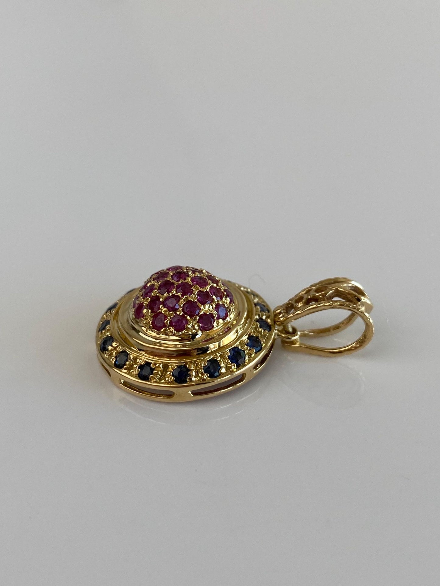 Vintage Solid 18k Yellow Gold Pink & Blue Sapphire Halo Charm