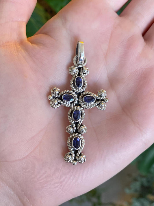 Vintage Solid Sterling Silver Purple Cubic Zirconia Cross Charm