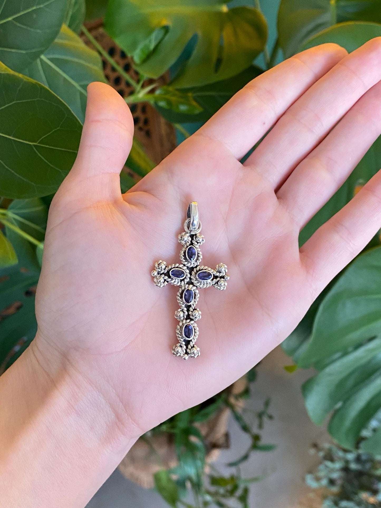 Vintage Solid Sterling Silver Purple Cubic Zirconia Cross Charm