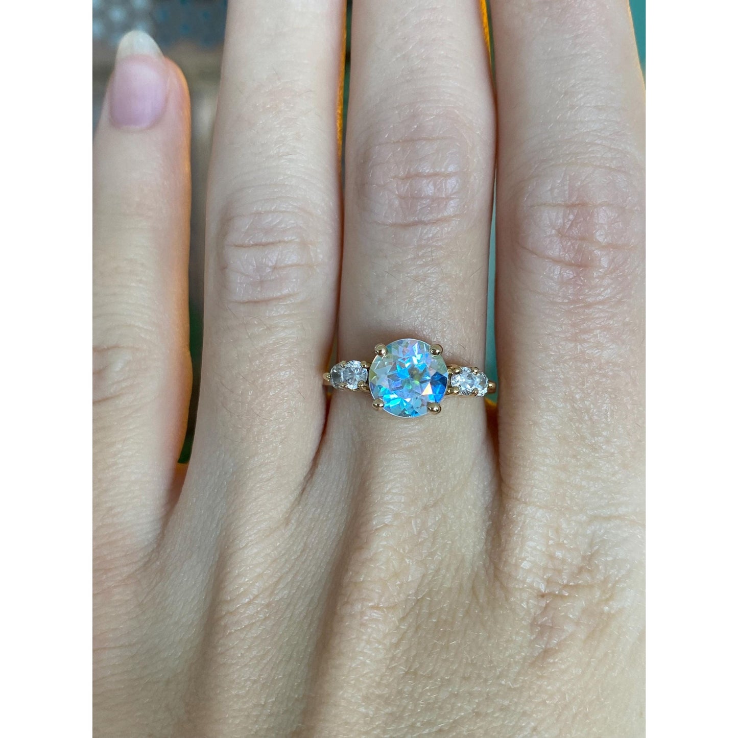 Vintage Solid 14k Yellow Gold Aura Quartz & Cubic Zirconia Ring - Size 7.25