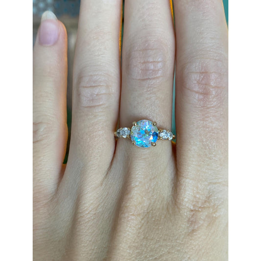 Vintage Solid 14k Yellow Gold Aura Quartz & Cubic Zirconia Ring - Size 7.25