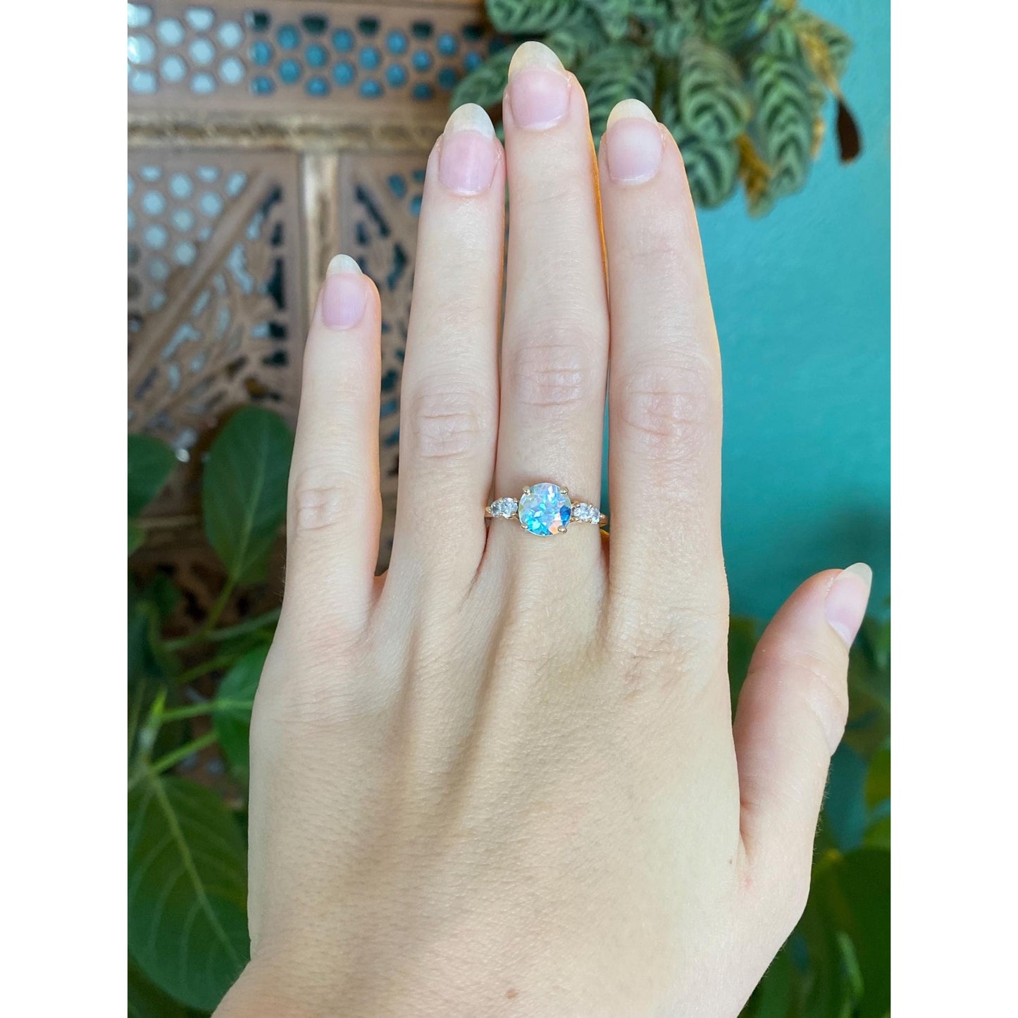 Vintage Solid 14k Yellow Gold Aura Quartz & Cubic Zirconia Ring - Size 7.25