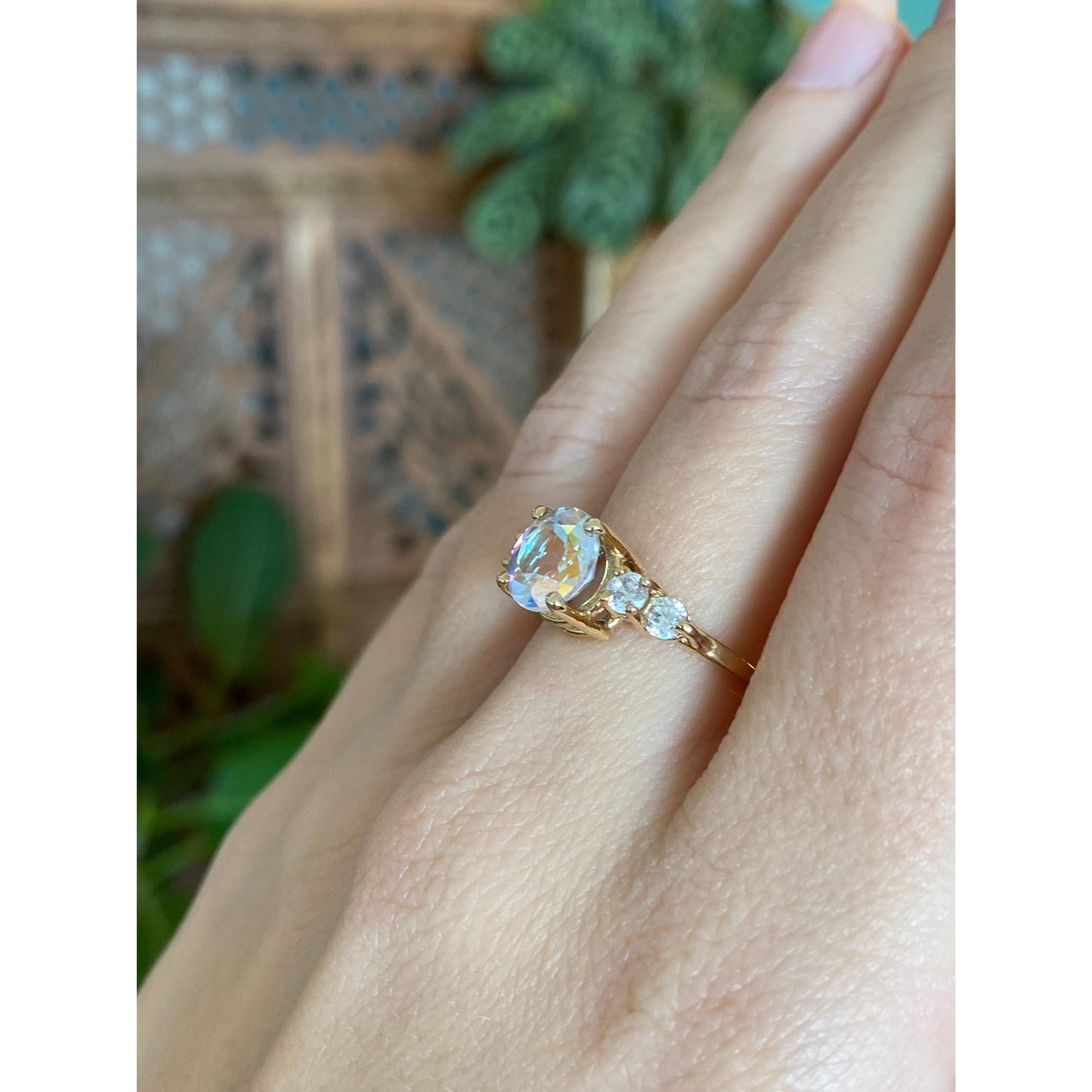 Vintage Solid 14k Yellow Gold Aura Quartz & Cubic Zirconia Ring - Size 7.25