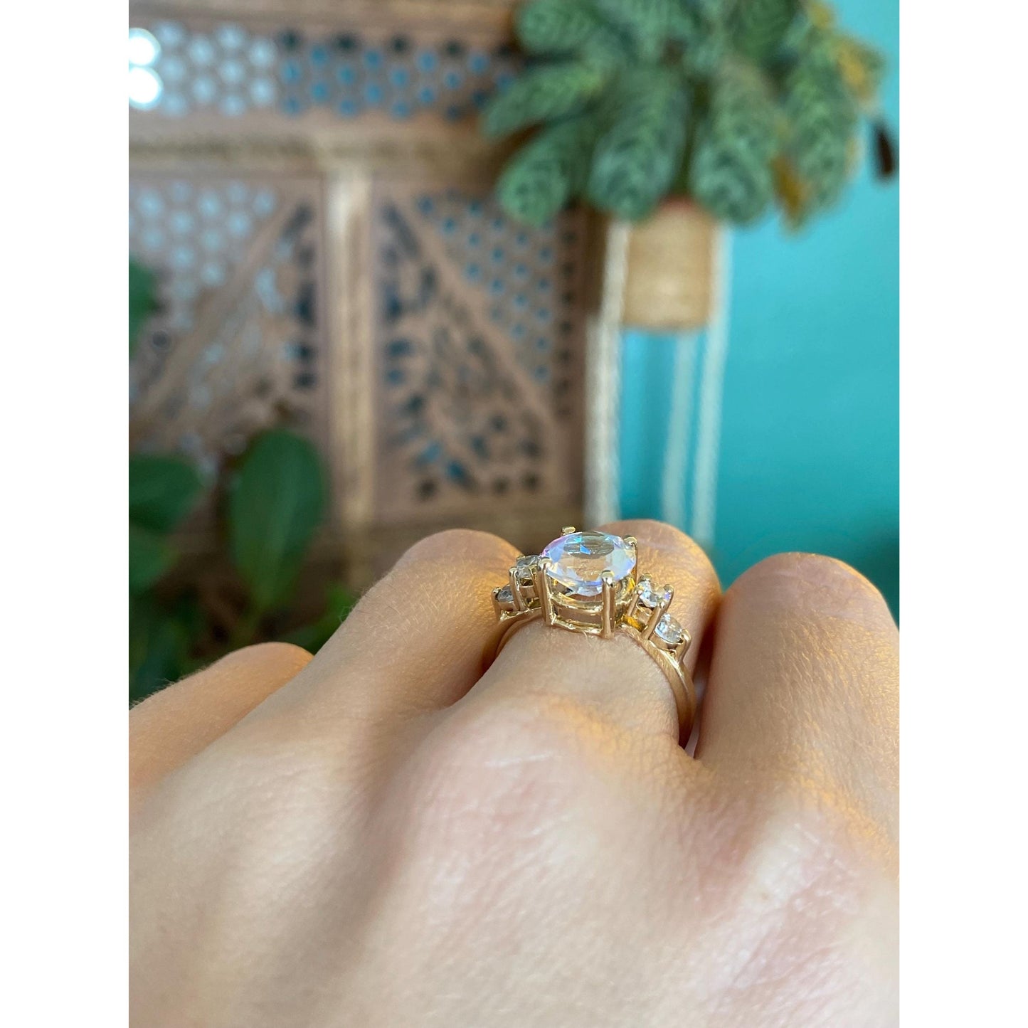 Vintage Solid 14k Yellow Gold Aura Quartz & Cubic Zirconia Ring - Size 7.25