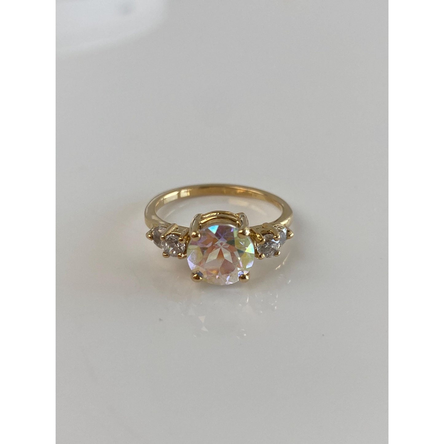 Vintage Solid 14k Yellow Gold Aura Quartz & Cubic Zirconia Ring - Size 7.25
