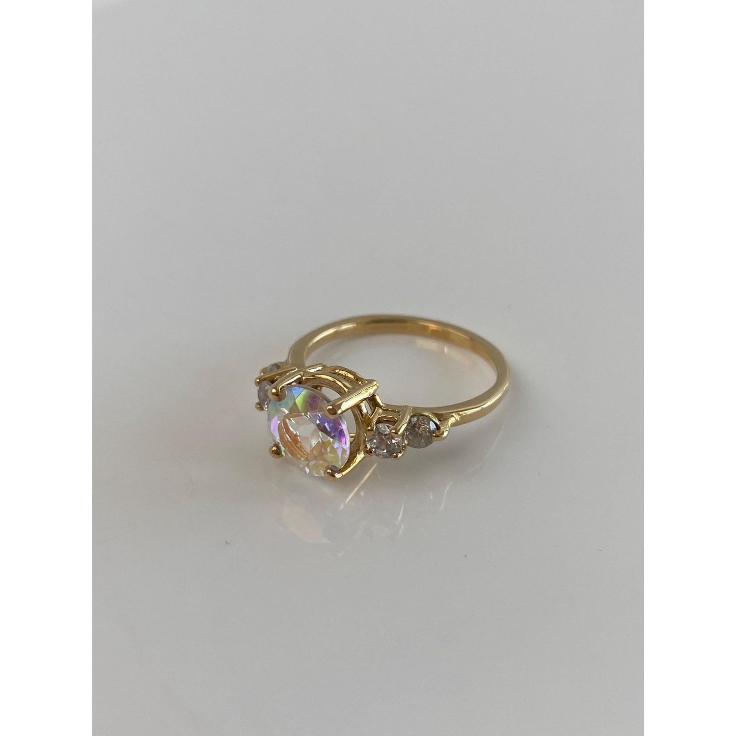 Vintage Solid 14k Yellow Gold Aura Quartz & Cubic Zirconia Ring - Size 7.25