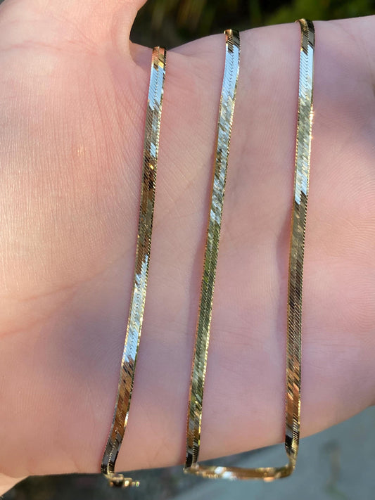 Vintage Solid 14k Yellow Gold Slim Herringbone Chain Necklace - 24 inches