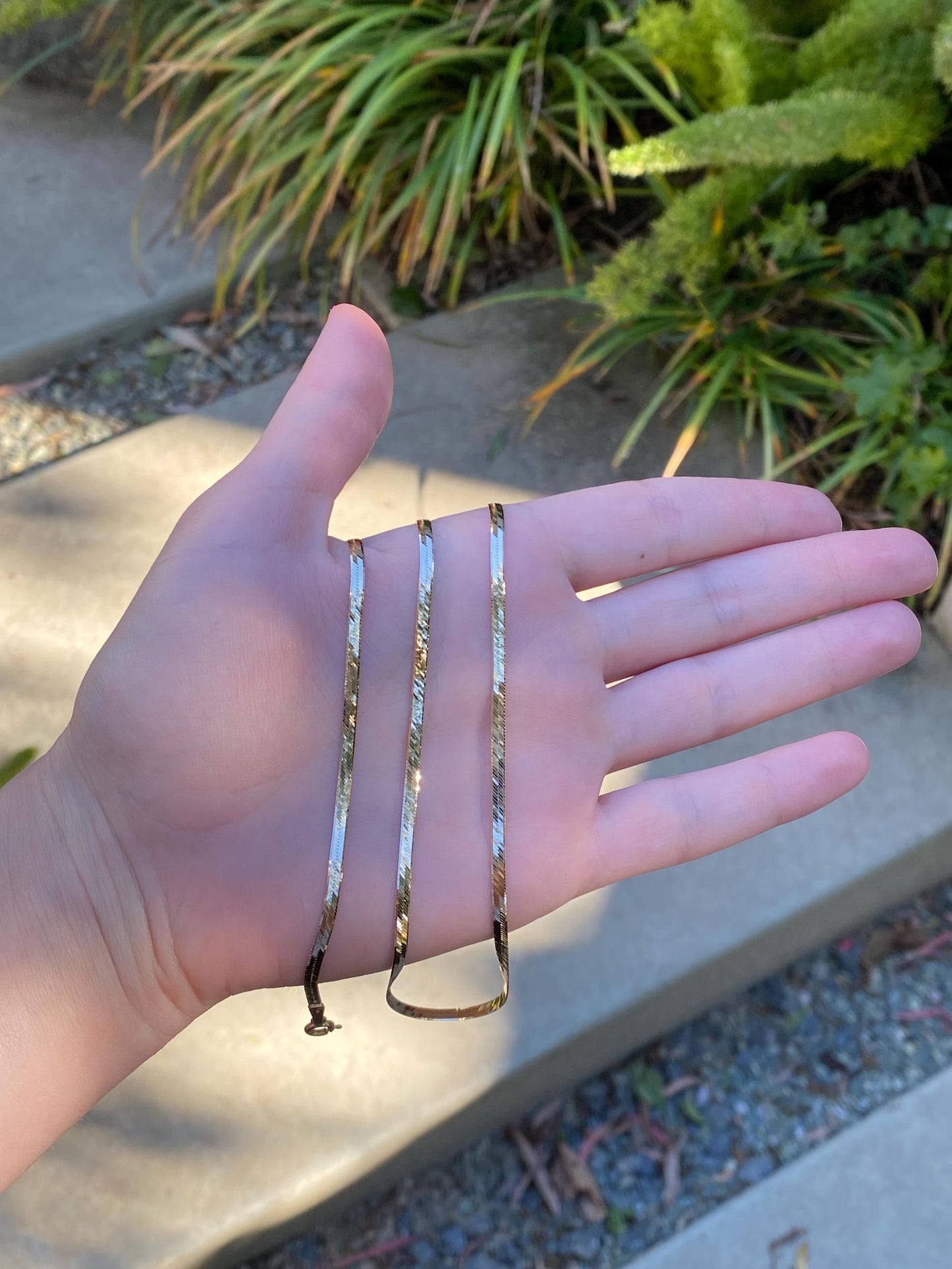 Vintage Solid 14k Yellow Gold Slim Herringbone Chain Necklace - 24 inches