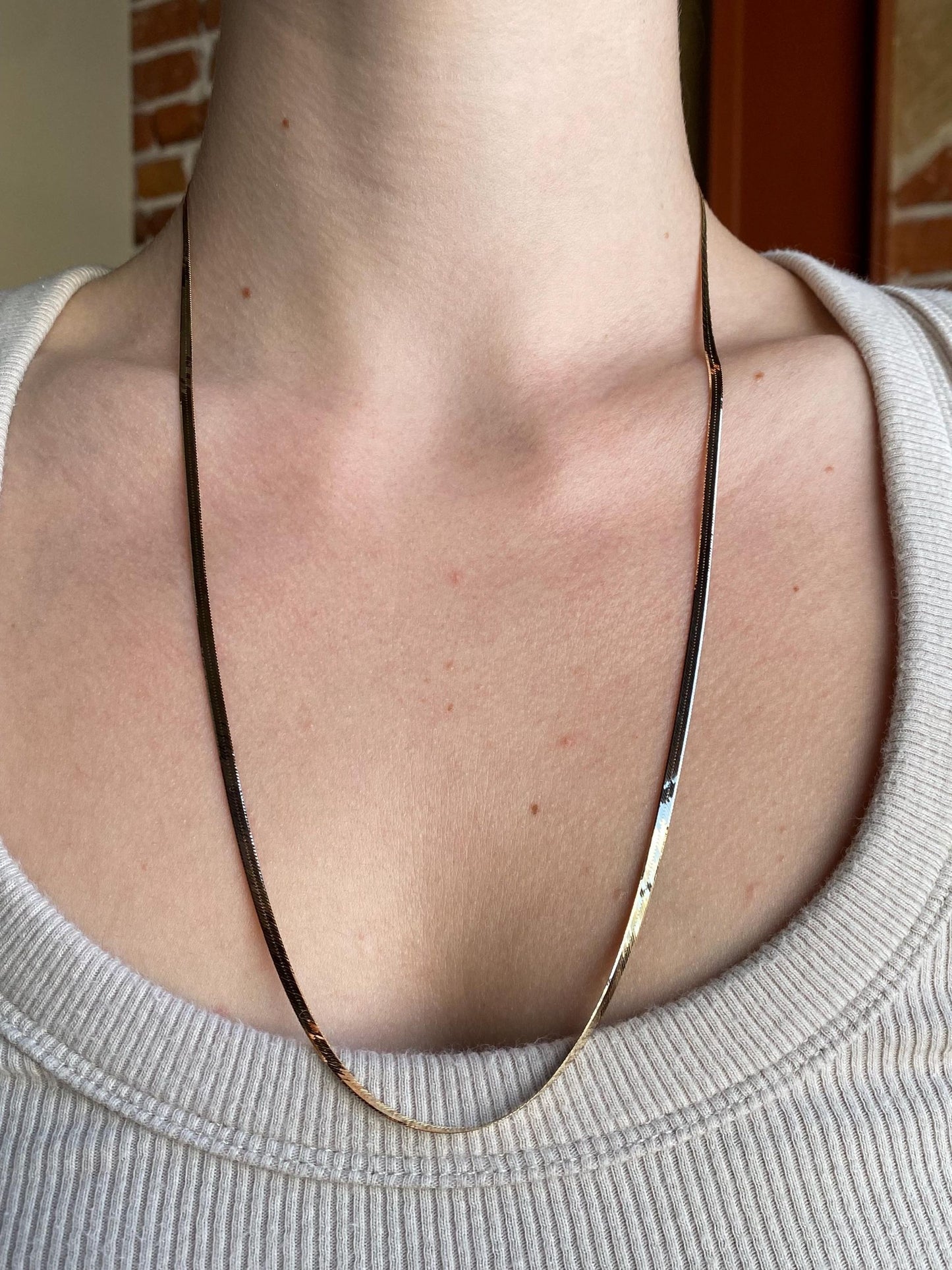 Vintage Solid 14k Yellow Gold Slim Herringbone Chain Necklace - 24 inches