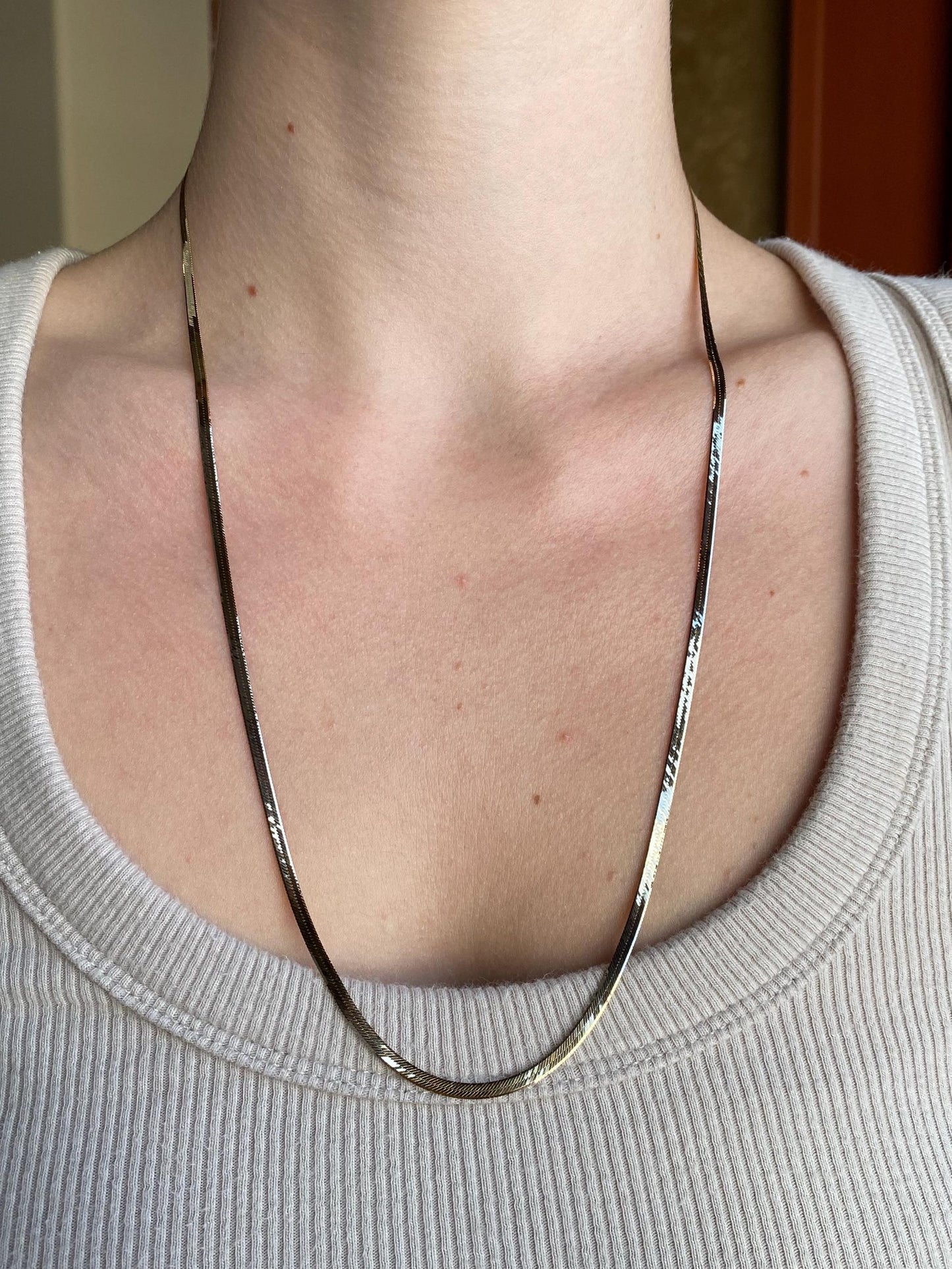 Vintage Solid 14k Yellow Gold Slim Herringbone Chain Necklace - 24 inches