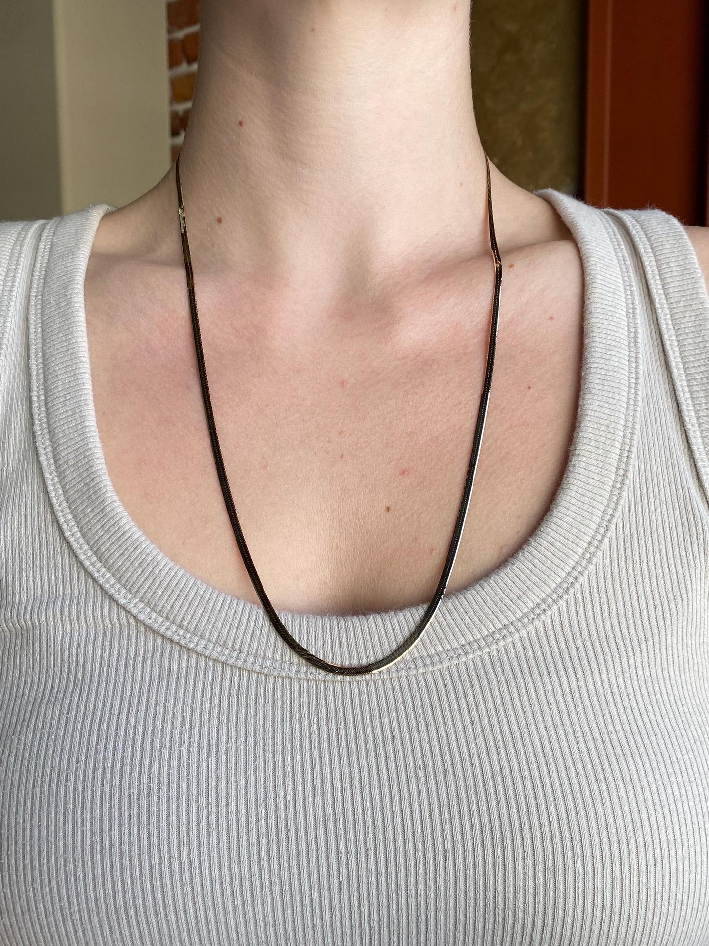 Vintage Solid 14k Yellow Gold Slim Herringbone Chain Necklace - 24 inches