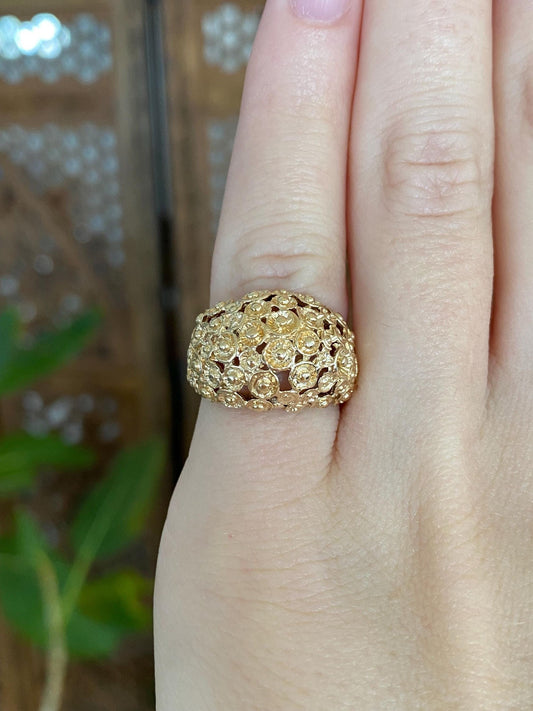 Vintage Solid 14k Yellow Gold Open Work Design Domed Ring - Size 3