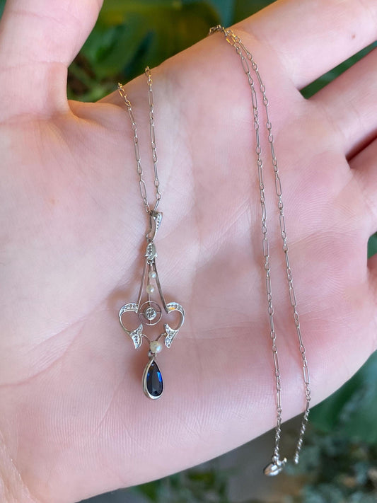 Solid Platinum Diamond Blue Sapphire Seed Pearls Fancy Chain Necklace - 15.5 inches