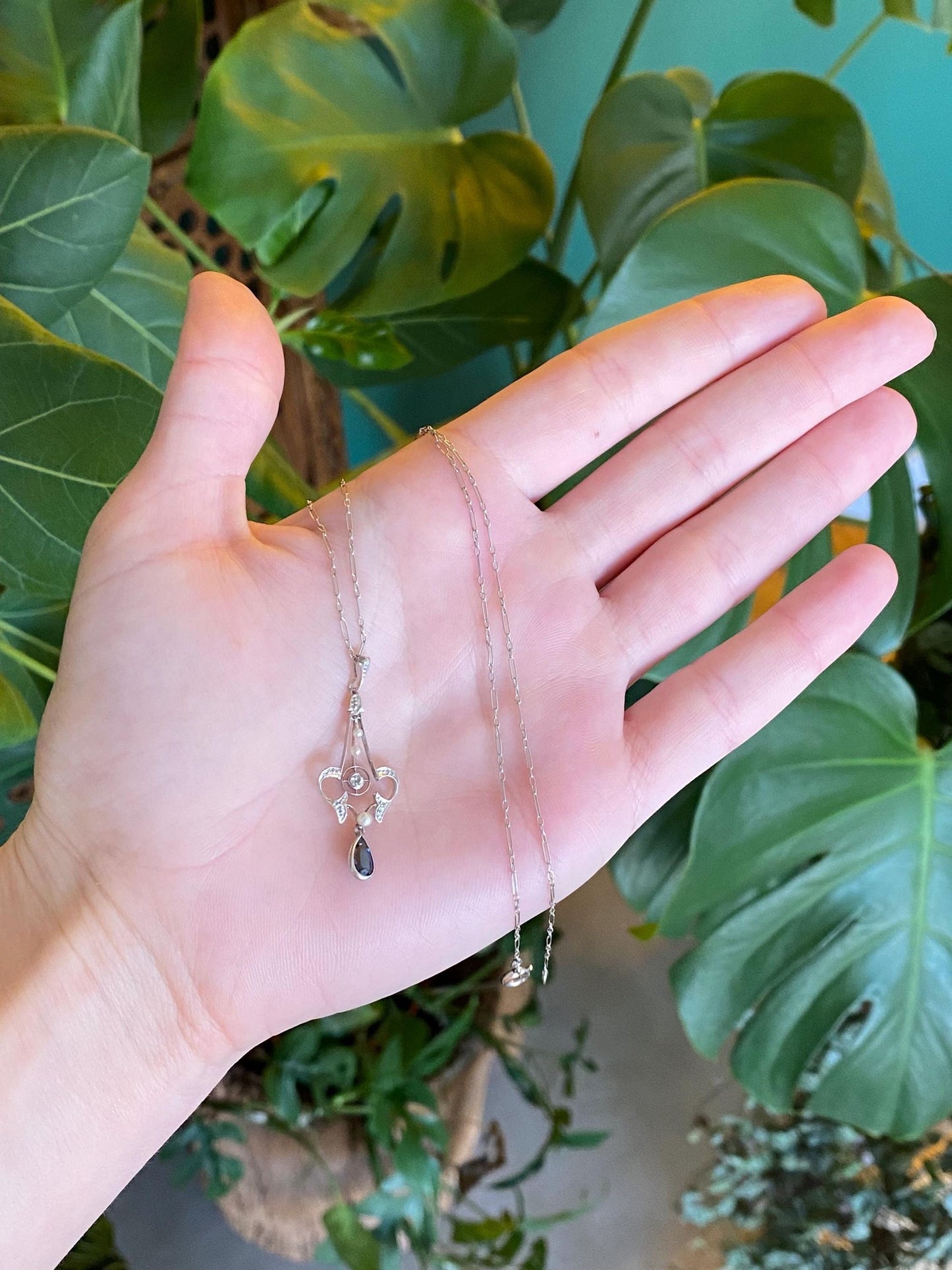 Solid Platinum Diamond Blue Sapphire Seed Pearls Fancy Chain Necklace - 15.5 inches