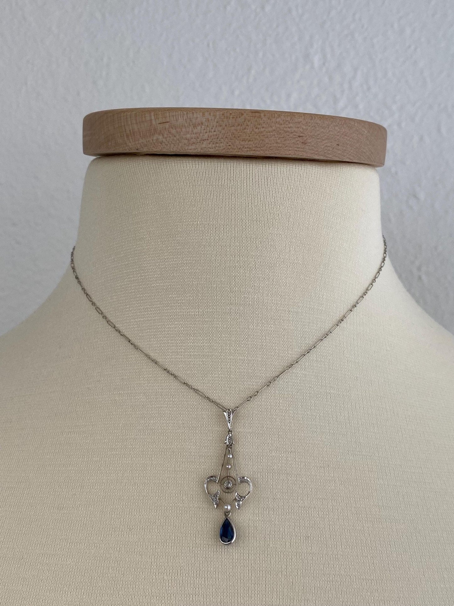 Solid Platinum Diamond Blue Sapphire Seed Pearls Fancy Chain Necklace - 15.5 inches