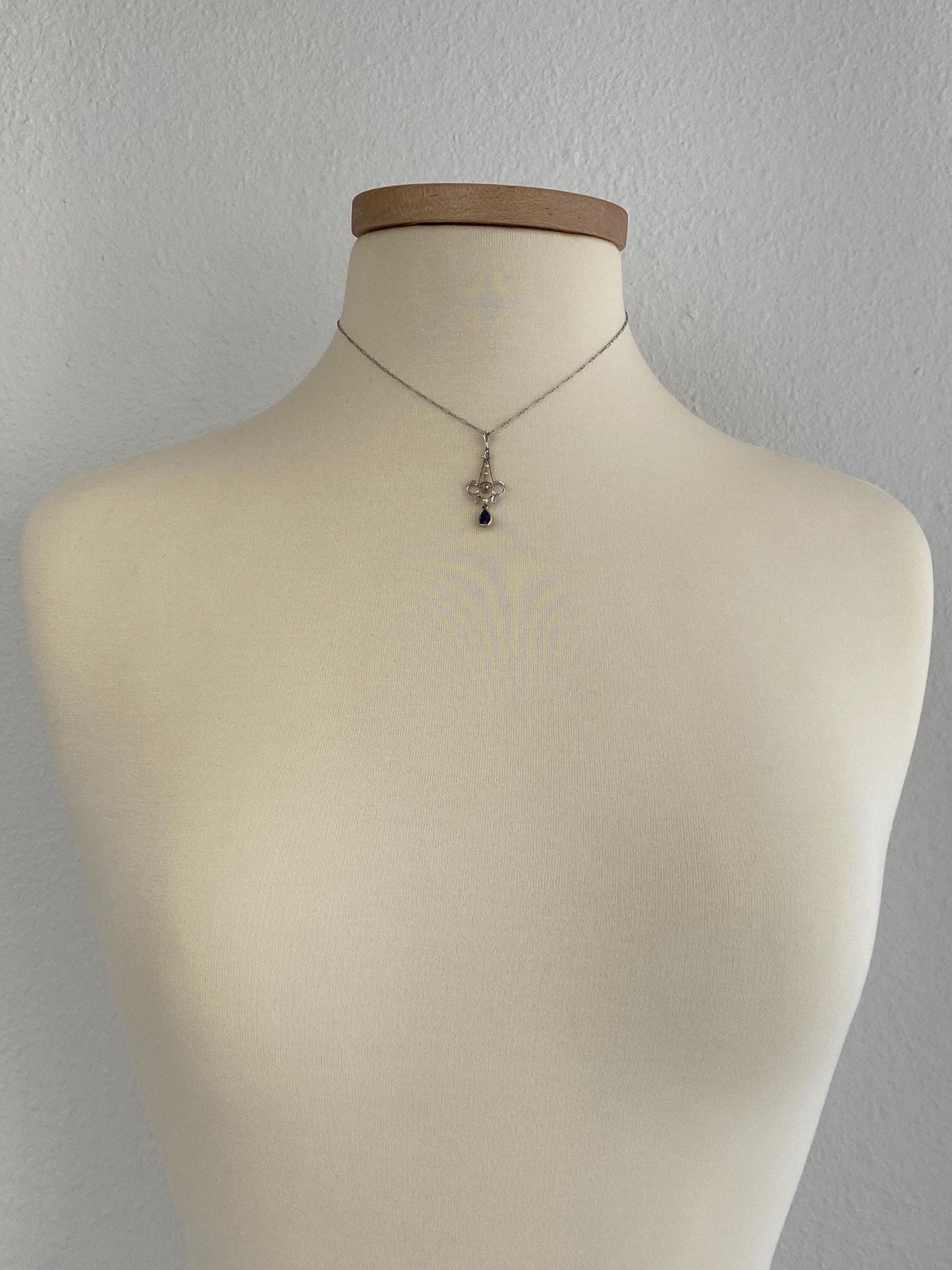 Solid Platinum Diamond Blue Sapphire Seed Pearls Fancy Chain Necklace - 15.5 inches