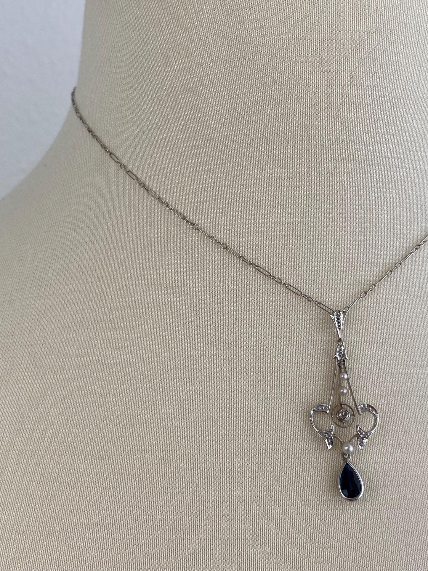 Solid Platinum Diamond Blue Sapphire Seed Pearls Fancy Chain Necklace - 15.5 inches