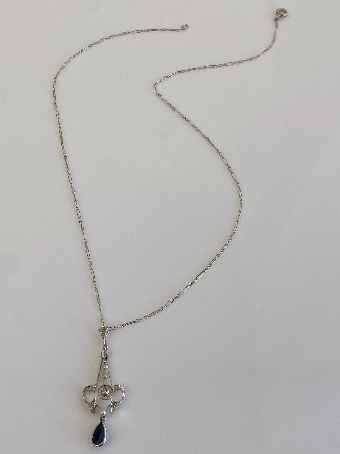 Solid Platinum Diamond Blue Sapphire Seed Pearls Fancy Chain Necklace - 15.5 inches