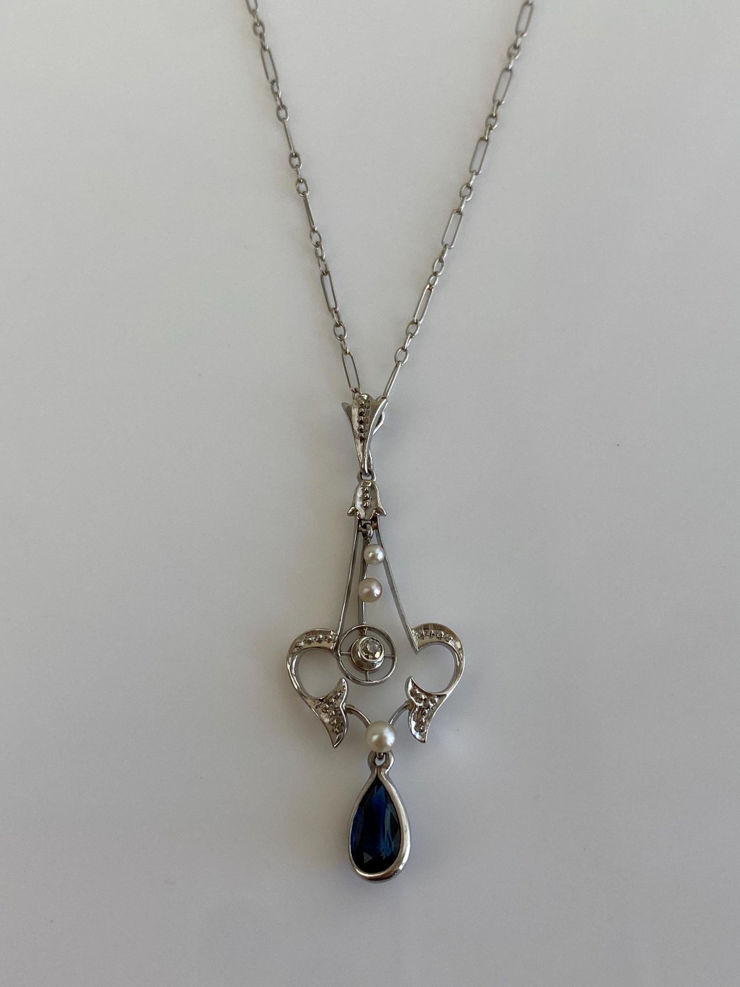 Solid Platinum Diamond Blue Sapphire Seed Pearls Fancy Chain Necklace - 15.5 inches